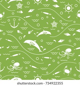 Cute seamless pattern with dolphins, octopus, fish, anchor, helm, waves, seashells, starfish, crab. Design for banner, poster or print.