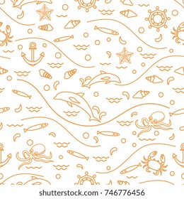 Cute seamless pattern with dolphins, octopus, fish, anchor, helm, waves, seashells, starfish, crab. Design for banner, poster or print.