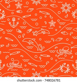 Cute seamless pattern with dolphins, octopus, fish, anchor, helm, waves, seashells, starfish, crab. Design for banner, poster or print.