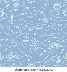 Cute seamless pattern with dolphins, octopus, fish, anchor, helm, waves, seashells, starfish, crab. Design for banner, poster or print.