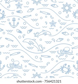 Cute seamless pattern with dolphins, octopus, fish, anchor, helm, waves, seashells, starfish, crab. Design for banner, poster or print.