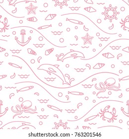 Cute seamless pattern with dolphins, octopus, fish, anchor, helm, waves, seashells, starfish, crab. Design for banner, poster or print.
