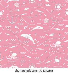 Cute seamless pattern with dolphins, octopus, fish, anchor, helm, waves, seashells, starfish, crab. Design for banner, poster or print.