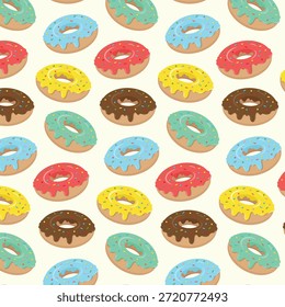 Lindo patrón sin fisuras con rosquillas. Ilustración vectorial de dulces coloridos.