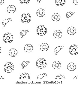 Cute seamless pattern of donuts and croissants. Great for banners, menu design, party, birthday, children's holiday, print. Vector illustration EPS10. Isolated on white background