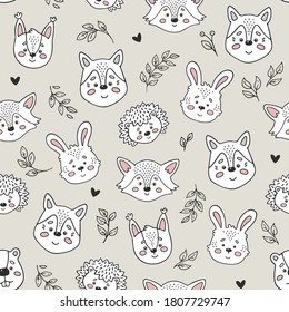 Cute seamless pattern with doodle animals. Childish cartoon background for fabric, wrapping paper, textile, wallpaper, apparel, nursery decoration. Vector illustration. 