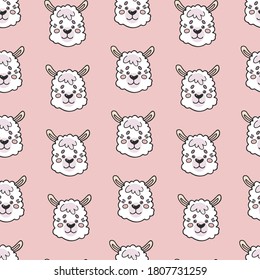Cute seamless pattern with doodle animals -llama. Childish cartoon background for fabric, wrapping paper, textile, wallpaper, apparel, nursery decoration. Vector illustration. 