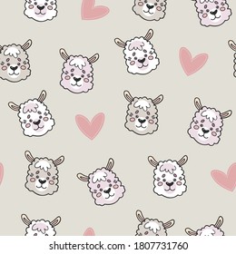 Cute seamless pattern with doodle animals -llama. Childish cartoon background for fabric, wrapping paper, textile, wallpaper, apparel, nursery decoration. Vector illustration. 