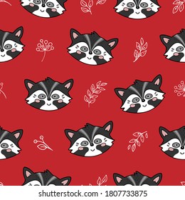 Cute seamless pattern with doodle animals - racoons. Childish cartoon background for fabric, wrapping paper, textile, wallpaper, apparel, nursery decoration. Vector illustration. 