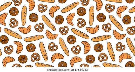 Cute seamless pattern with doodle bread, bagels, croissants and brezels. Bakery background.