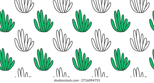 Cute seamless pattern with doodle cactuses or aloe on white background.