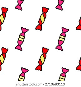Padrão perfeito bonito com doces de doodle em embalagens em fundo branco.
