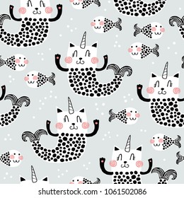 Cute seamless pattern - doodle cat mermaid and fish. Perfect for kids design, fabric, wrapping, wallpaper, textile, apparel. Dreamy cat. Funny fish.