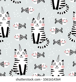 Cute seamless pattern - doodle cute cat and fish. Perfect for kids design, fabric, wrapping, wallpaper, textile, apparel. Dreamy cat. Funny fish.