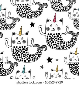 Cute seamless pattern - doodle cat mermaid and stars. Perfect for kids design, fabric, wrapping, wallpaper, textile, apparel. Dreamy cat. Funny fish.