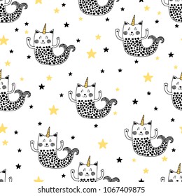 Cute seamless pattern - doodle cat mermaid and stars. Perfect for kids design, fabric, wrapping, wallpaper, textile, apparel. Dreamy cat. Funny fish.