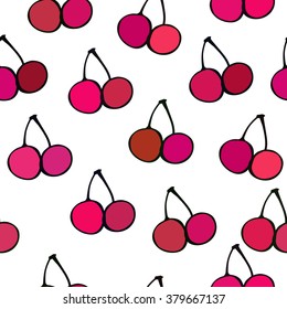 Cute seamless pattern with doodle cherries in different red and pink colors on white background. Simple vector background with sketchy hand drawn elements for your design.