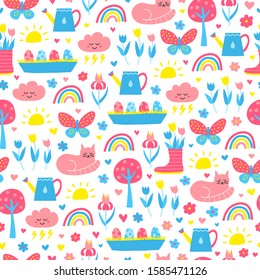 Cute seamless pattern with doodle colorful spring icons.