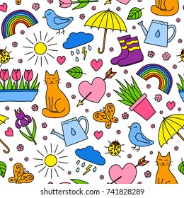 Cute seamless pattern with doodle colorful spring seasonal items.