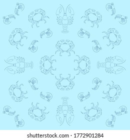 Cute seamless pattern with doodle crabs, shrimps, crayfishs. Idea for wrapping paper, background for seafood restaurant menu