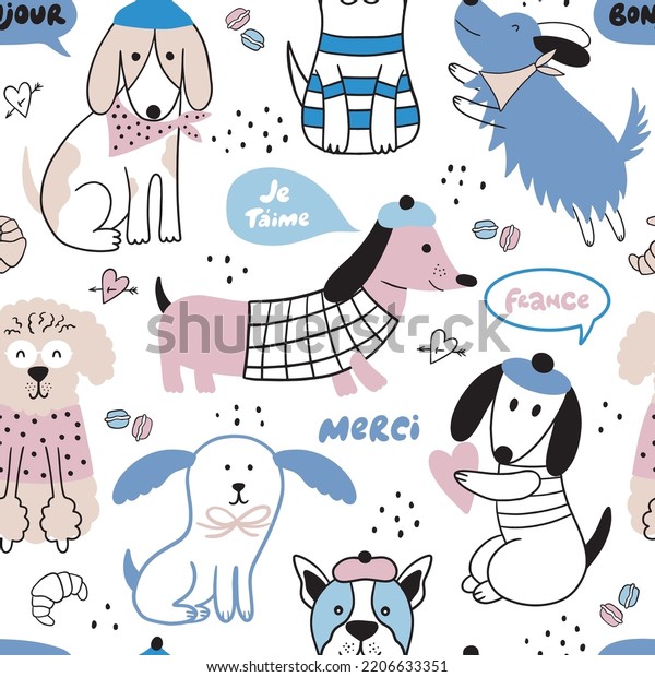 Cute
seamless pattern with doodle dogs, short phrases, speech bubbles. 
Pets in berets, vests, scarves. Vector background. Can be used for
nursery, textile, wrapping paper, decoration.
