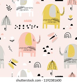 Cute seamless pattern of doodle elephants with an umbrella in different colors on a light pink background. Kids illustration in a vector.