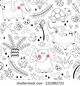 Cute seamless pattern of doodle elephants in contour style with leaves and flowers on a white background. Kids illustration in a vector.