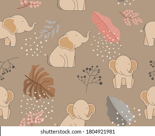 Cute seamless pattern of doodle elephants with palm trees, flowers and butterflies on white background. Kids illustration in a vector.