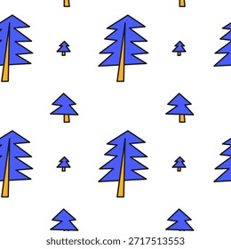 Cute seamless pattern with doodle fir trees on white background.