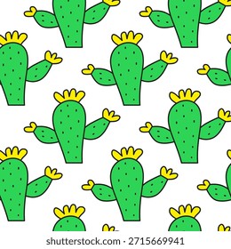 Cute seamless pattern with doodle floral cactuses on white background.