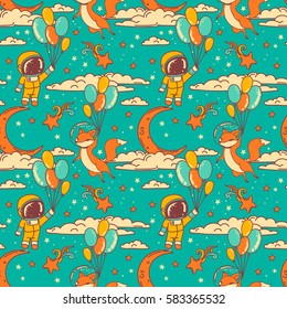 Cute seamless pattern with doodle fox and boy-astronauts on balloons flying in starry sky, vector illustration