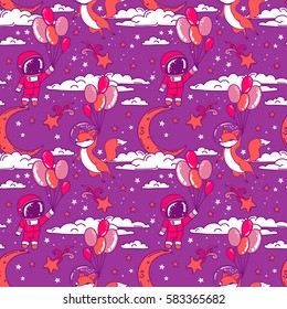 Cute seamless pattern with doodle fox and boy-astronauts on balloons flying in starry sky, lilac and pink colors, vector illustration