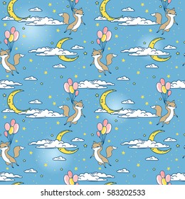 Cute seamless pattern with doodle foxes on balloons flying in light blue sky, vector illustration