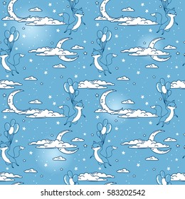 Cute seamless pattern with doodle foxes on balloons flying in sky, light blue color, vector illustration