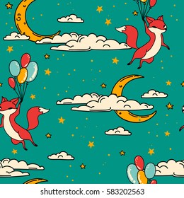 Cute seamless pattern with doodle foxes on balloons flying in sky, vector illustration