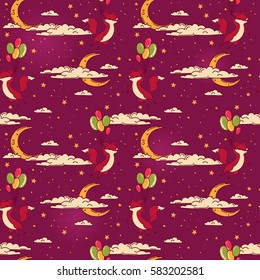 Cute seamless pattern with doodle foxes on balloons flying in lilac sky, vector illustration