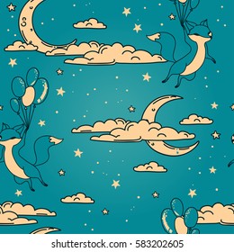 Cute seamless pattern with doodle foxes on balloons flying in sky, blue color, vector illustration