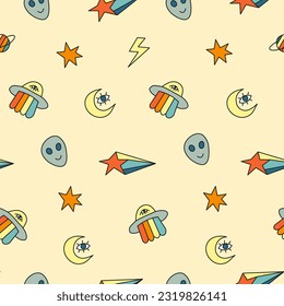 Cute seamless pattern with doodle groovy ufos, aliens, moon, stars and thunders in hippie style. Cosmic background with space symbols.