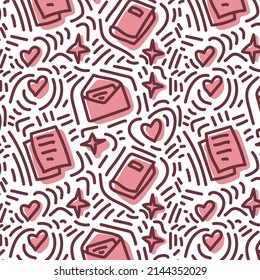 Cute seamless pattern doodle hand drawn book, mail, document, stars and hearts on the pink color for web, wrapping paper, fabric, textile and design