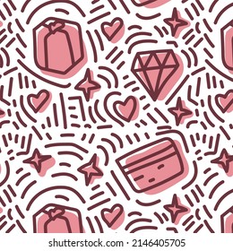 Cute seamless pattern doodle hand drawn diamond, gift, credit card, stars and hearts on the pink color for web, wrapping paper, fabric, textile and design