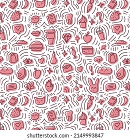 Cute seamless pattern doodle hand drawn differen icons on the pink color for web, wrapping paper, fabric, textile and design