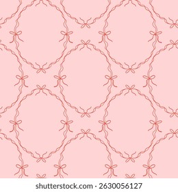 Cute seamless pattern with doodle hand drawn coquette ribbon frames with bows. Vintage whimsical borders. Preppy background for fabric, prints, wallpaper or wrapping paper.