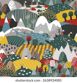 Cute seamless pattern with doodle hand drawn Scandinavian mountains and fields landscape. Creative children texture. Modern cartoon style vector illustration