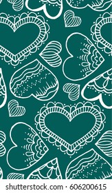 Cute seamless pattern. Doodle heart. Contour drawing. Love. A heart. Hand drawing. Sketch. Green background