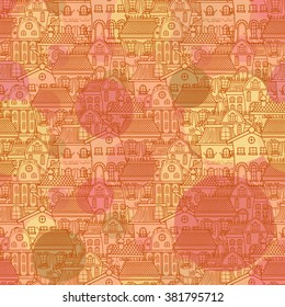 Cute seamless pattern of doodle houses. Elegant sketch.
