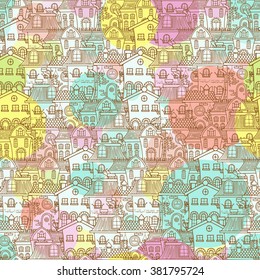 Cute seamless pattern of doodle houses. Elegant sketch.