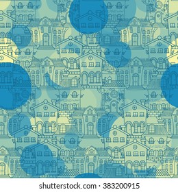Cute seamless pattern of doodle houses. Elegant sketch.