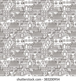 Cute seamless pattern of doodle houses. Elegant sketch.
