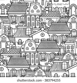 Cute seamless pattern of doodle houses. Elegant sketch.