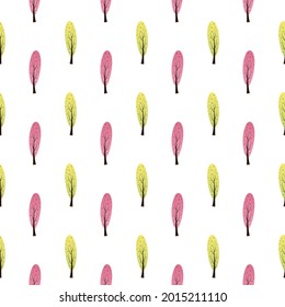 Cute seamless pattern with doodle illustrations of colored trees. For printing on clothing, bedding, wrapping paper, wallpaper, packaging, utensils. Cool design of the nursery, baby room, playroom.